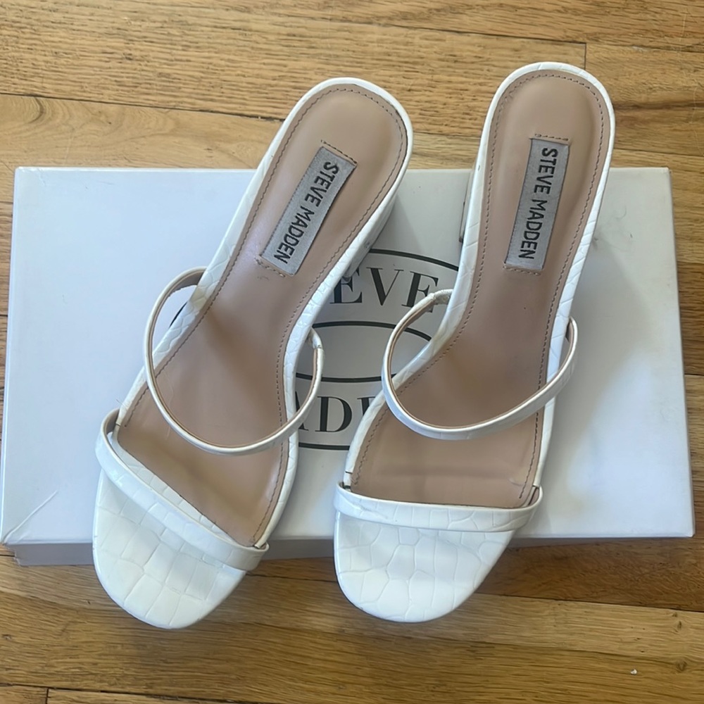 White Double Strap Block Heels